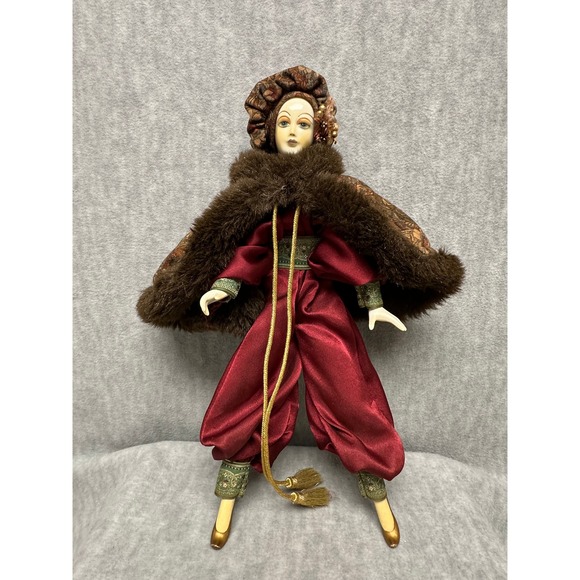 Other - Vintage Porcelain Harlequin Doll Burgundy Satin Faux Fur Art Deco Pierrot